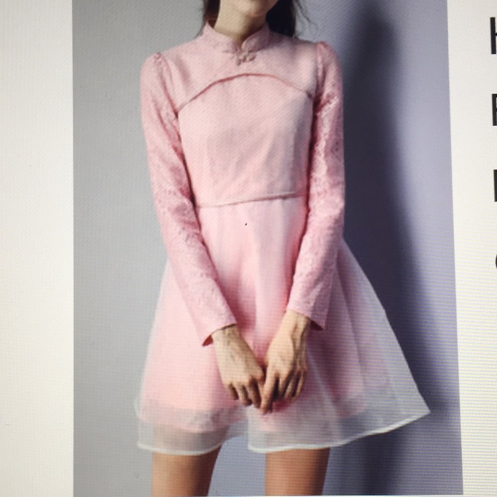 Pink vintage stand collar lace A-line mini dress